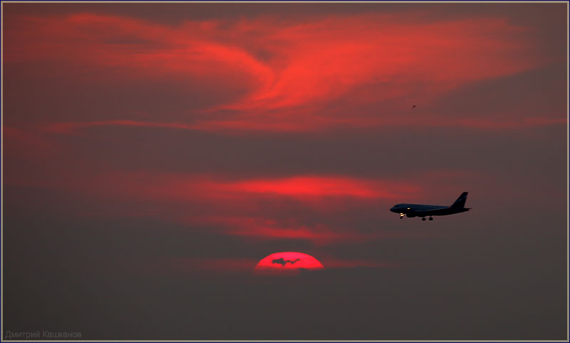 Тень от самолета на закатном Солнце