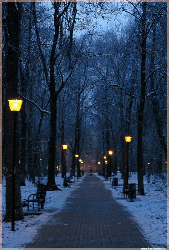 Вечерний парк, фонари, тропинка. Зимний пейзаж в городском парке